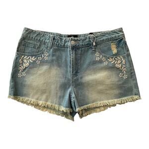 Angie Juniors Distressed Blue Denim White Embroidery Cut Off Shorts Size 7/8